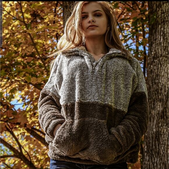 Blue B quarter zip kangaroo pocket pullover teddy 2 tone brown small - Picture 2 of 5